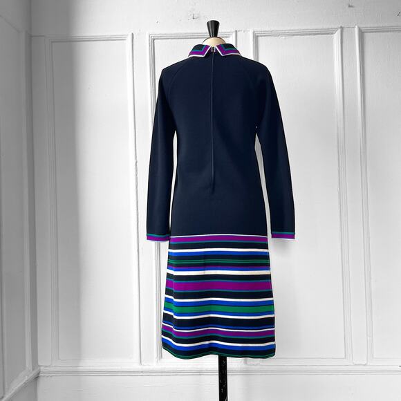 60s 70s Knit A-Line Dress Stripes Collar Same Fabric belt Raglan Sleeve Size 8 - Picture 4 of 9